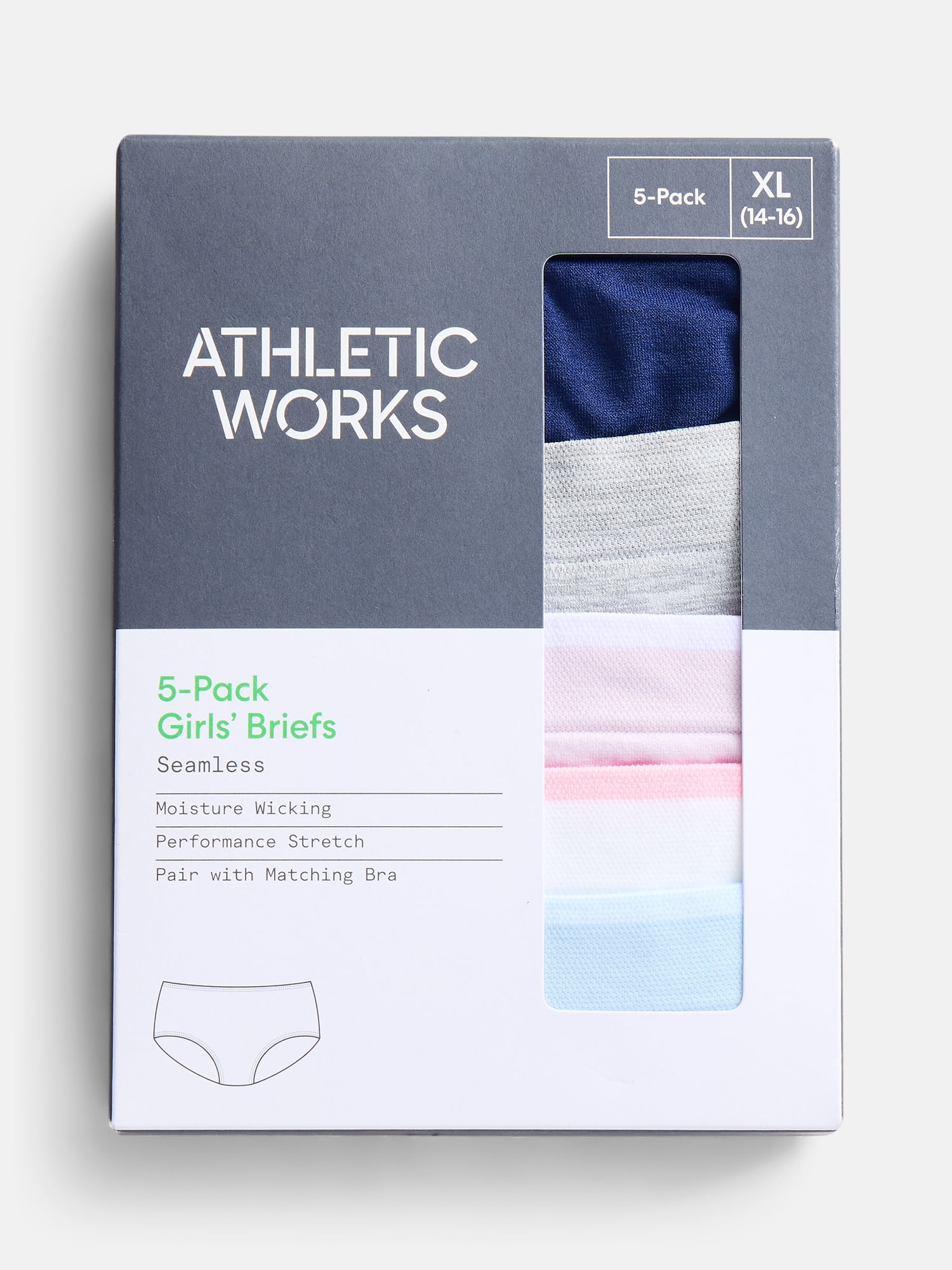 Athletic Works Girls Seamless Brief Underwear, 5-Pack, Sizes S-XL