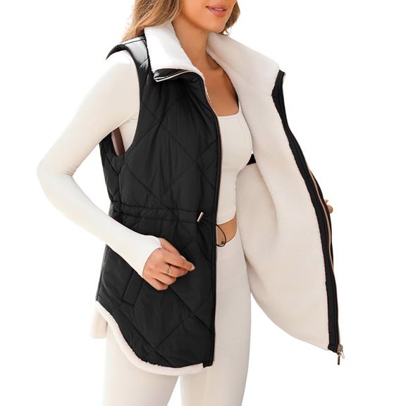RYRJJ Womens Winter Outwear Vests Sleeveless Fleece Lined Jacket Zip Up Lapel Collar Long Warm Drawstring Gilet Coat with Pockets(Black,L)