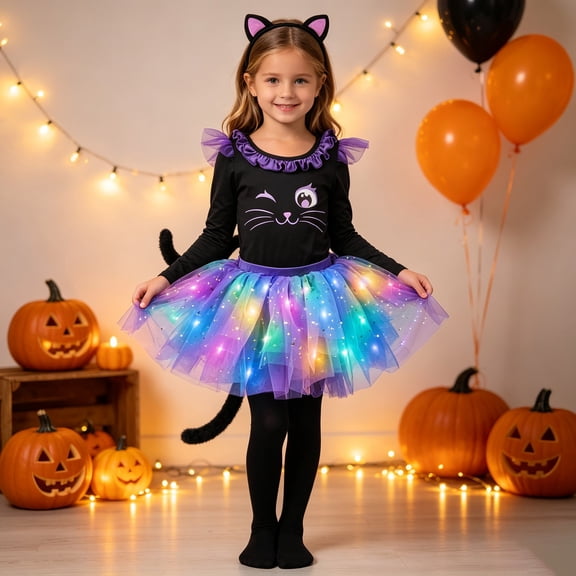 OSOLU Girls Halloween 6 Piece Outfit Cat Print Long Sleeve Top Light Up Tulle Skirt with Headband Tail Tights Set Black