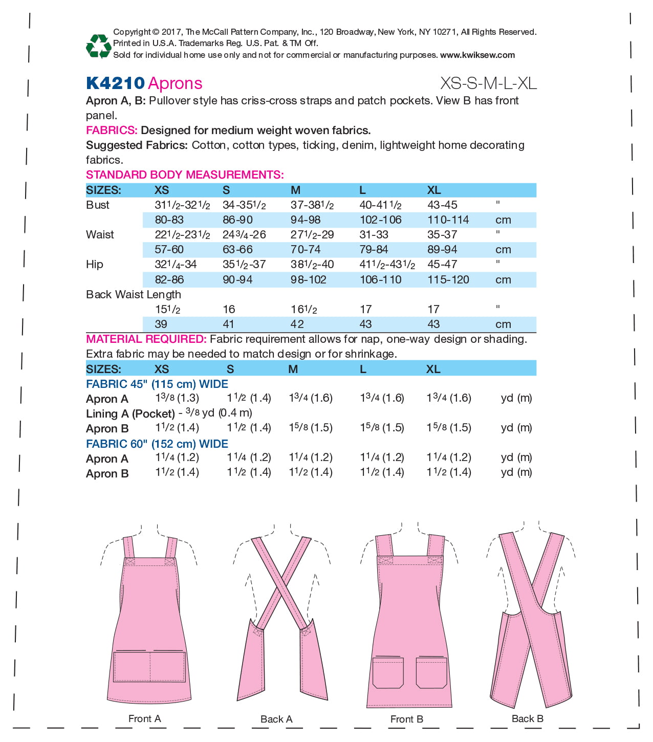 Kwik Sew Sewing Pattern Pullover Unisex Aprons With Criss-Cross Straps And  Patch Poc-XS-S-M-L-XL 