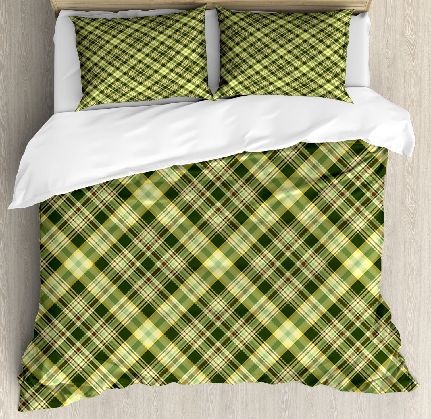 Green And Brown Duvet Cover Set Diagonal Checkered Pattern Irish