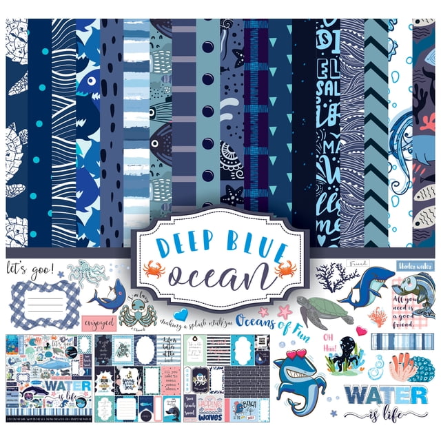 Inkdotpot Ocean Life Collection Double-Sided Scrapbook Paper Kit Cardstock 12"x12" Card Making Paper Pack With Sticker Sheet - 16 Pages - Blue