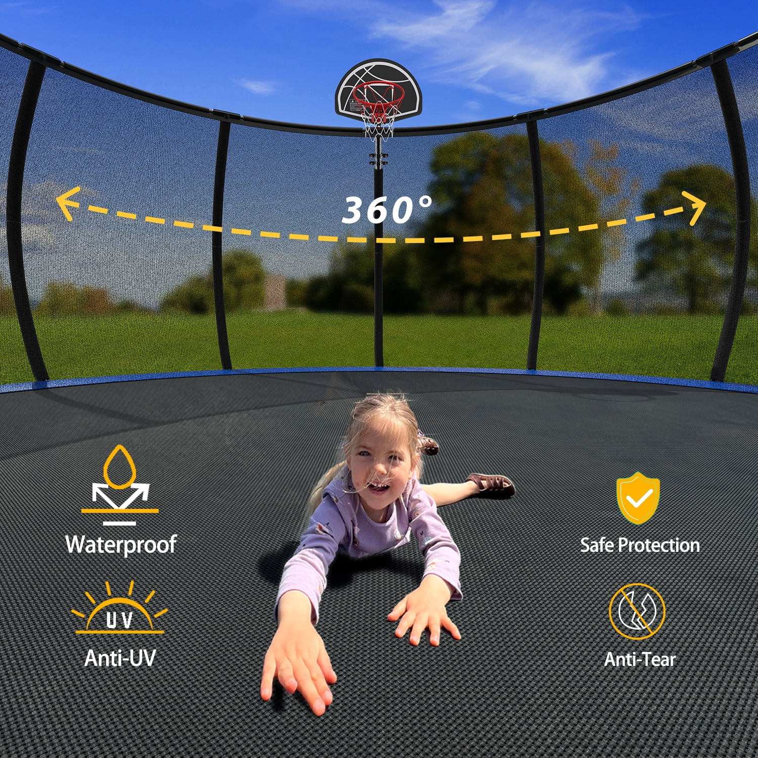Leumius 16FT Trampoline with Enclosure Net,Outdoor Heavy Duty Pumpkin Trampolines with Curved Poles,Recreational Trampolines with Ladder and Basketball Hoop for Kids and Adults,Blue