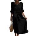 thumbnail image 3 of HAJWOH Dresses for Women Cotton Linen Summer Dresses Half Sleeve Beach Boho Eyelet Lace Trim Flowy Maxi Sundresses, 3 of 6