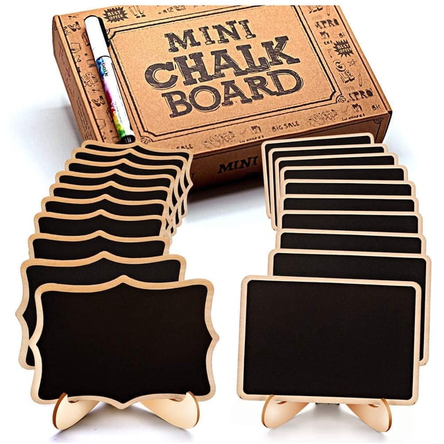 Mini Chalkboard Signs, 20 Pack Framed Small Chalkboard Labels with Easel Stand, Wooden Blackboard