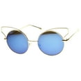thumbnail image 2 of sunglassLA Unisex Women's Full Metal Open Design Mirrored Lens Round Cat Eye Sunglasses (Gold / Blue Mirror) - 55mm, 2 of 4