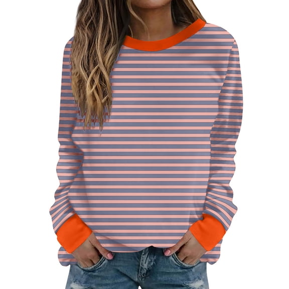 Iroehba Sweatshirt for Women Crew Neck Printed Stripe Contrast Neck Cuff Long Sleeve Modern Cut Soft Cozy Daily Casual Womens Tops