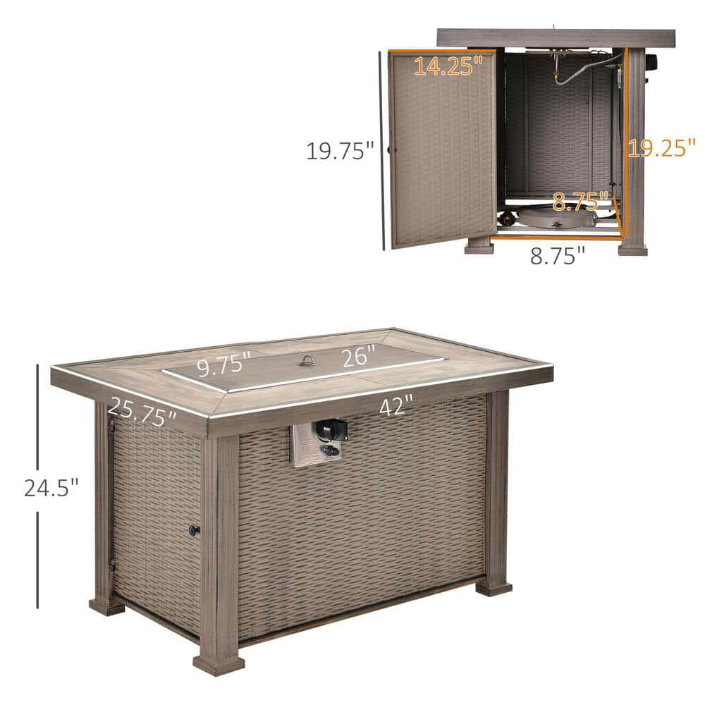 Yardi Yarda 42" Wicker-Effect Gas Fire Table, 30,000 BTU Propane Fire Pit Table with Lava Rocks and Rain Cover, Auto-Ignition Rectangular Firepit with Lid and Ceramic Tabletop for Outdoor, Gray