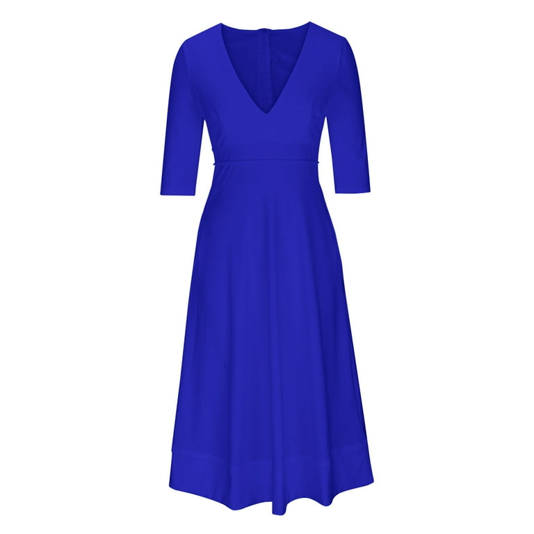 fartey Women's 3/4 Sleeves A Line Dress Deep V Neck Maxi Dresses with  Pockets Flared Swing Sundress Soft Stretch Prom Evening Party Dress -  Walmart.com
