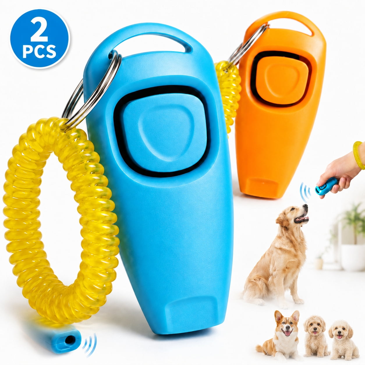 Rongsi 2 in 1 Pet Training Clickers, Whistle and Clicker Pet Training Tools with Wrist Strap Key Ring,Train Dog, Cat, Horse, Pets,2 pcs, Blue/Orange