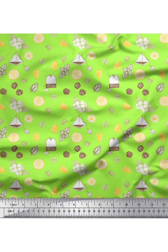 Green Japan Crepe Satin Fabric Tea Bag,Star Anise & Lemon Slice Vegetable Print Sewing Fabric Yard 42 Inch Wide