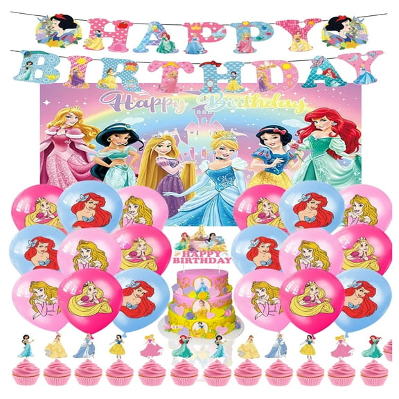 Children's Birthday Party Decorations Set - Princess Cartoon Theme Party Supplies (Includes Banner, Balloons, Backdrop, Cake Toppers)