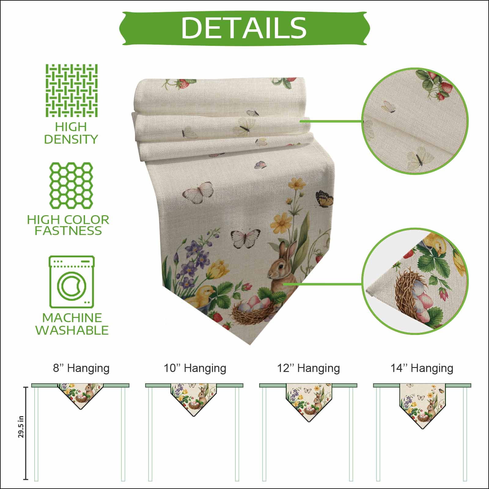 Spring Easter Table Runner Linen Burlap Table Runner 90 Inches Long Country Bunny Chick Floral Butterflies Burlap Dresser Scarves for Kitchen Island Coffee Dining Party Wedding Holiday Decor 13"x90"