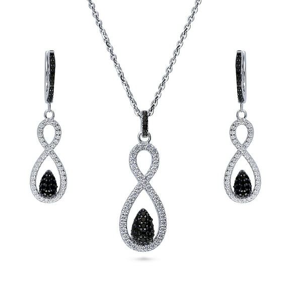BERRICLE Sterling Silver Black and White Woven Infinity Necklace and Earrings Set for Women, Cubic Zirconia CZ