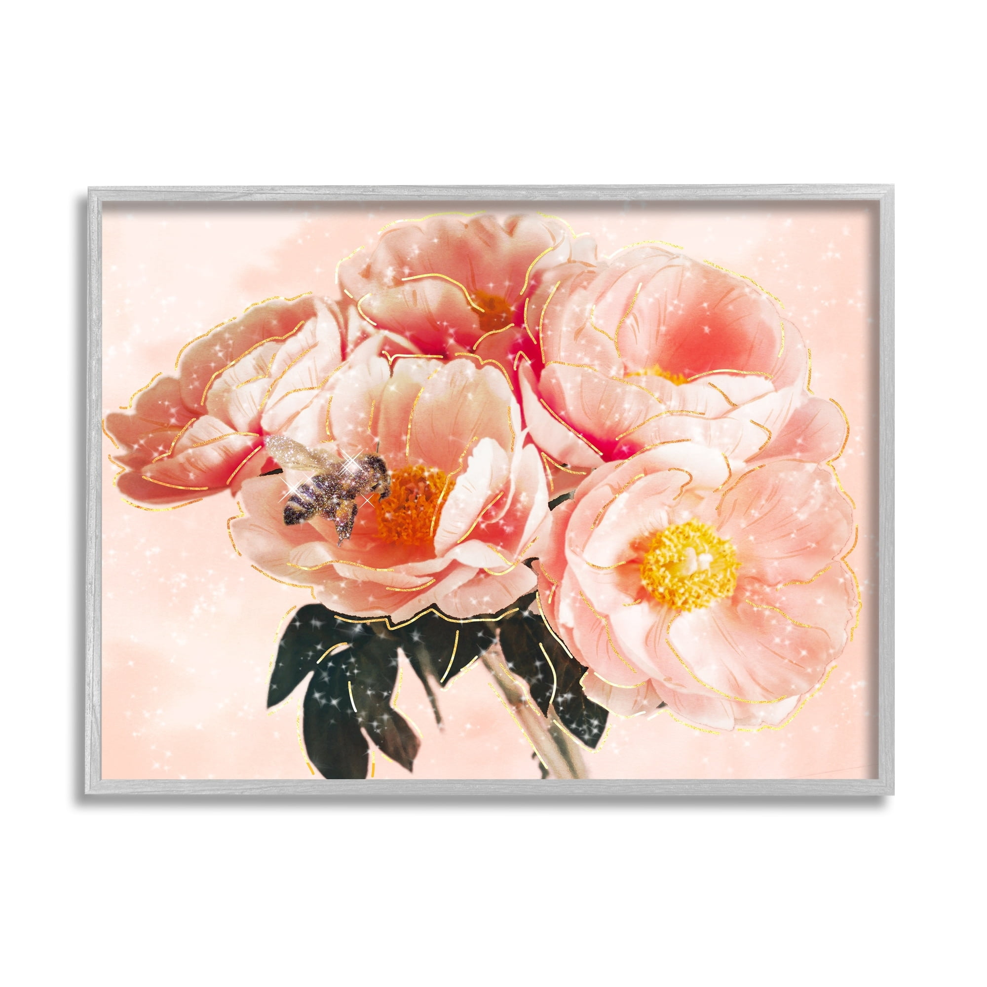 Stupell Industries Shimmering Bumble Bee Trendy Pink Glam Flowers Graphic Art Gray Framed Art Print Wall Art, Design by Ziwei Li