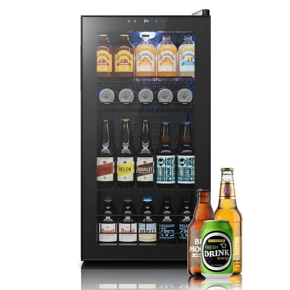 Yeego 105 Can Beverage Refrigerator Cooler, 3.11 cu.ft. Drink Fridge with Glass Door for Home/Office/Bar, Black