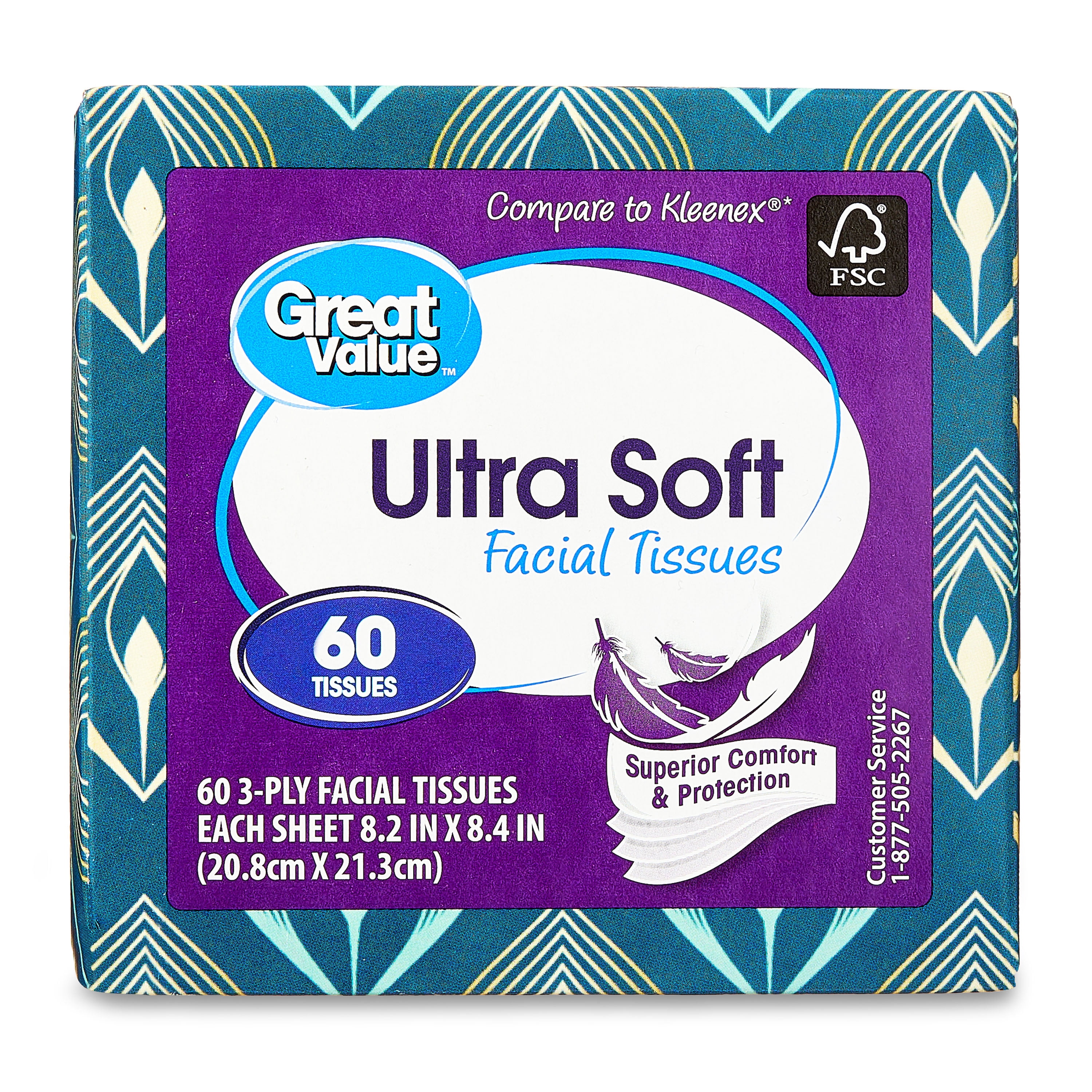 (18 pack) Great Value Ultra Soft Facial Tissues, 1 Cube, 60 Tissues per Cube, 3-Ply, Compare to Kleenex®