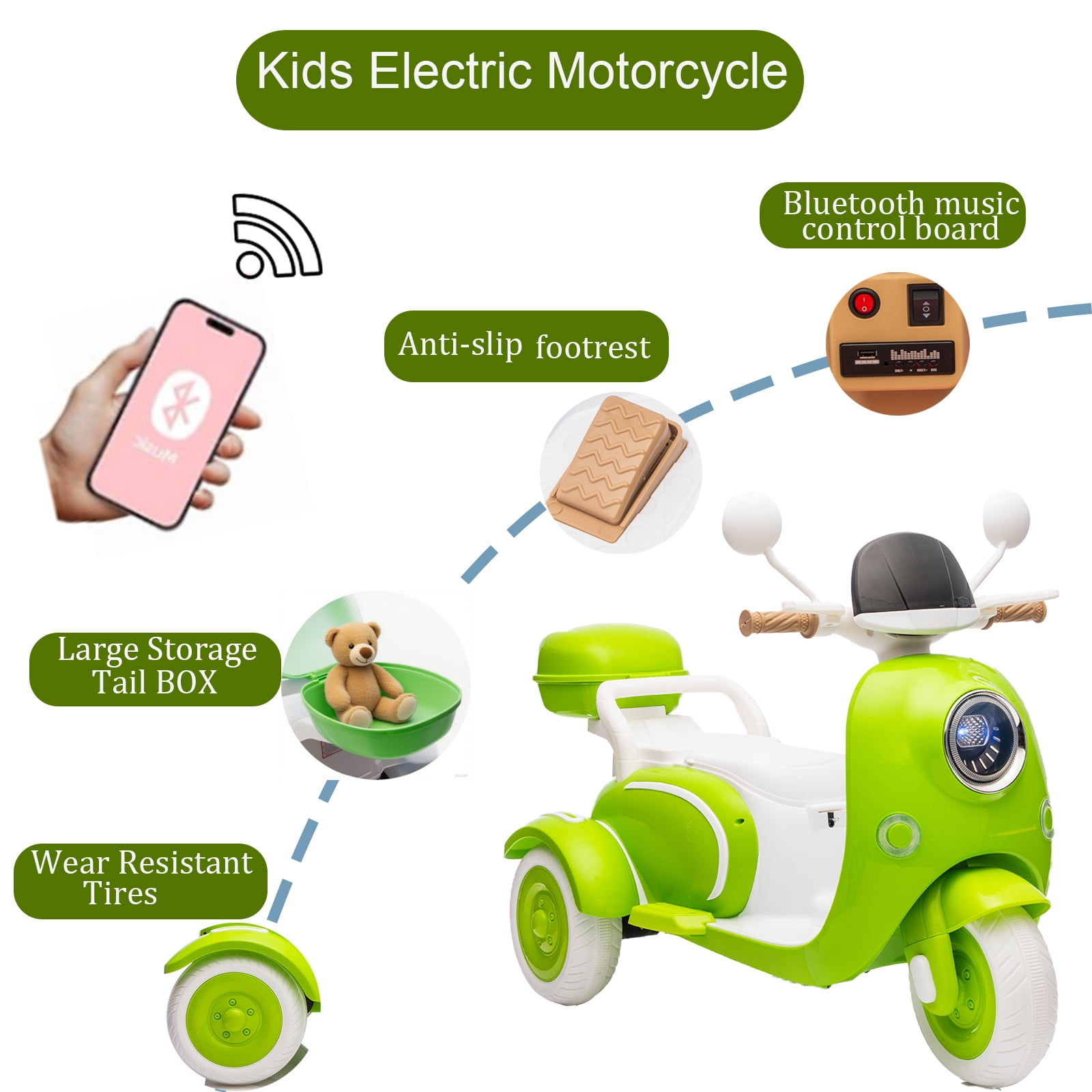 FINITO 12V 2 Seater Kids Electric Motorcycle, 3 Wheel 2WD Electric Bike with Storage Box, Bluetooth Music, LED Light, Green