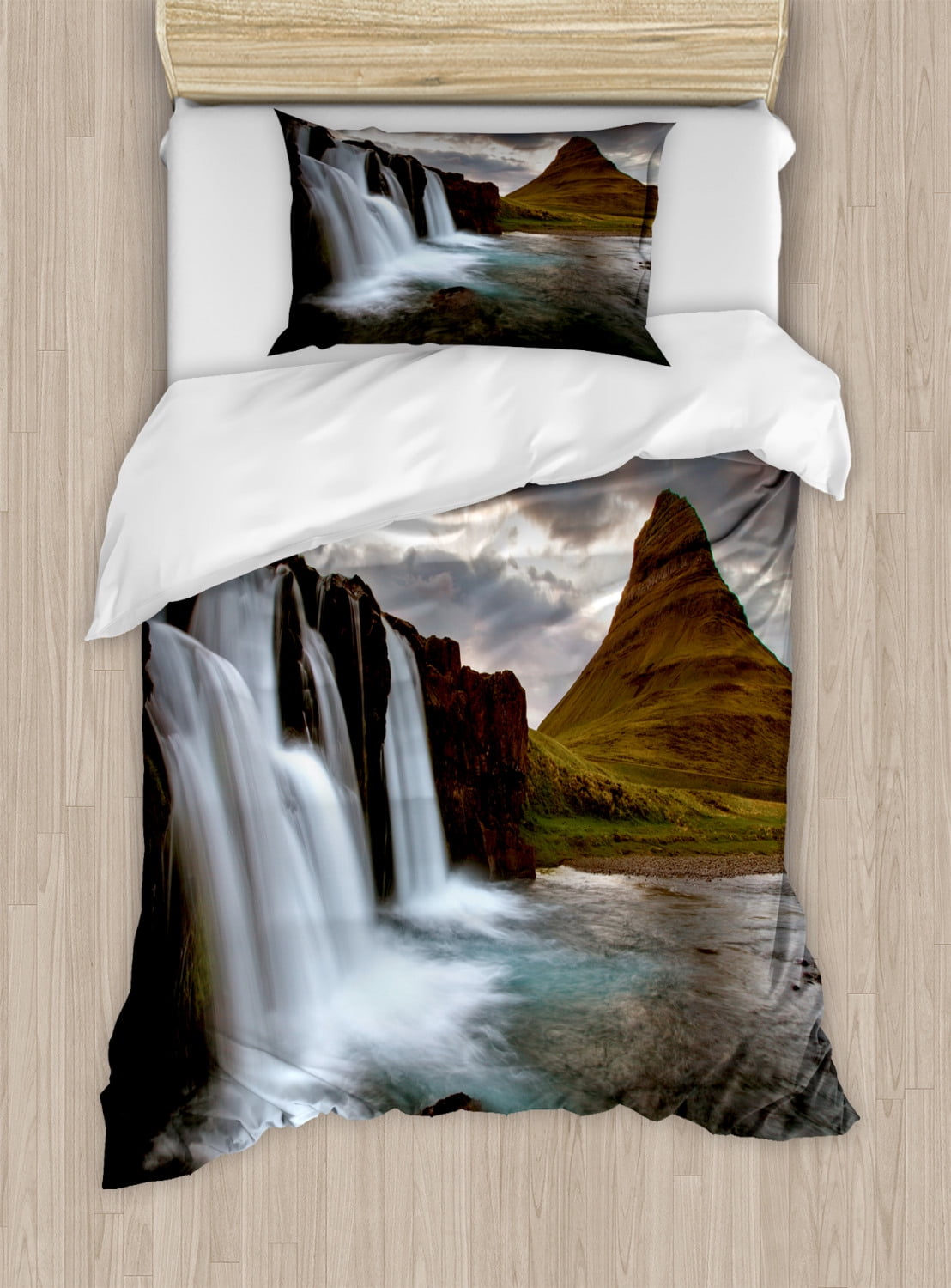 Iceland Duvet Cover Set Twin Size, Waterfall with a Volcano Icelandic ...
