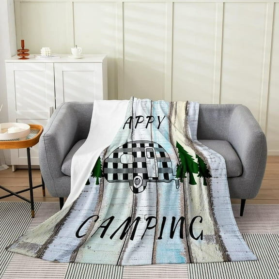 Camper All Season, Bed Blanket Happy Camping Plush Throw Blanket, RV Camping Flannel Fleece Blanket for Bedroom Decor Cartoon Camping Car Farmhouse Trailers Camper Queen 90"x90", 280gsm