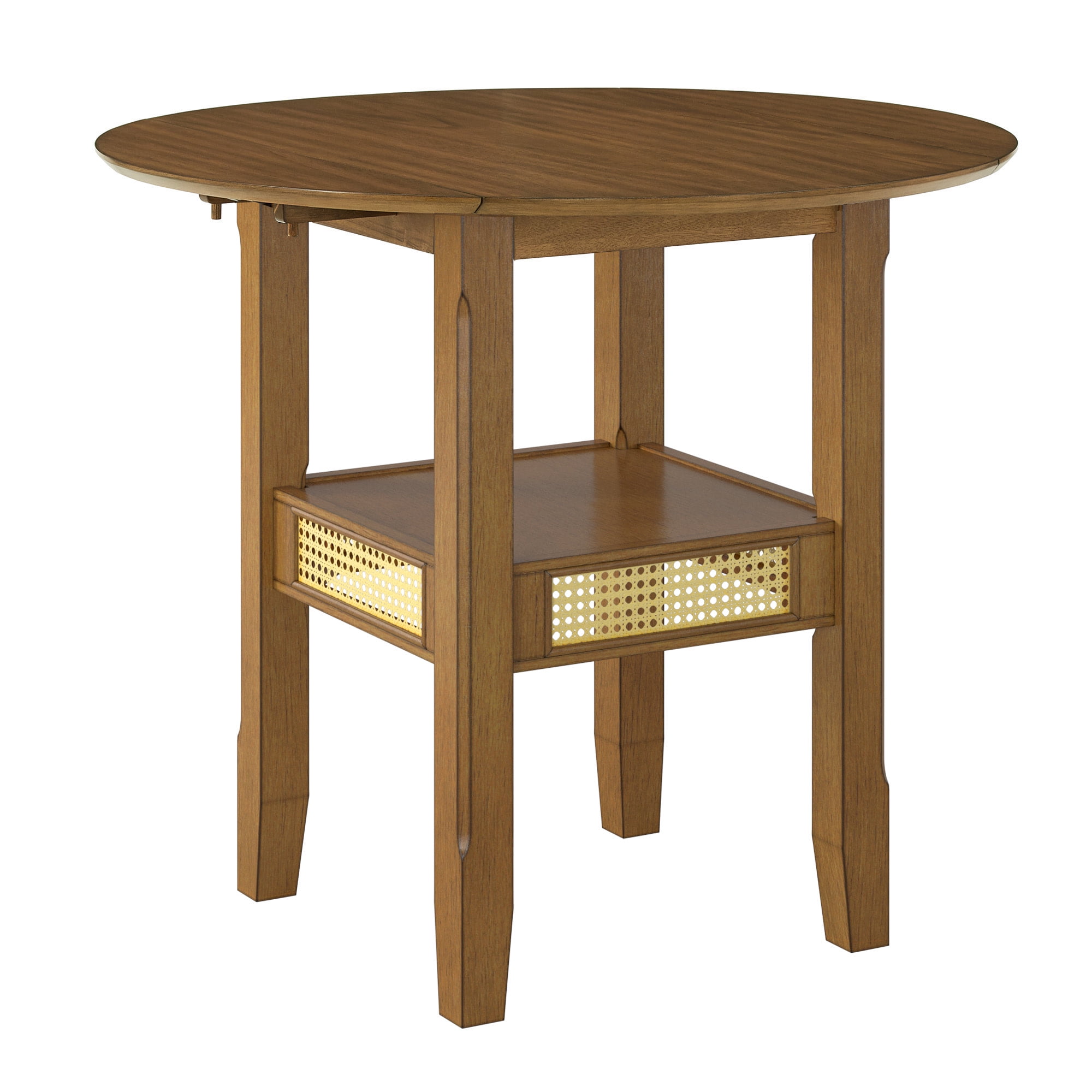 Weston Home Pulukan Cane Accent Round Dining Table with 2-Drop Leaves, Oak Finish