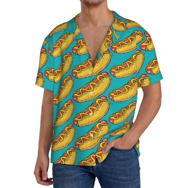 Fotbe Hot Dogs 8 Camisa Estampada de Manga Corta para Hombre, Casual de Verano, Estilo Playero, Sin Arrugas-X-Large