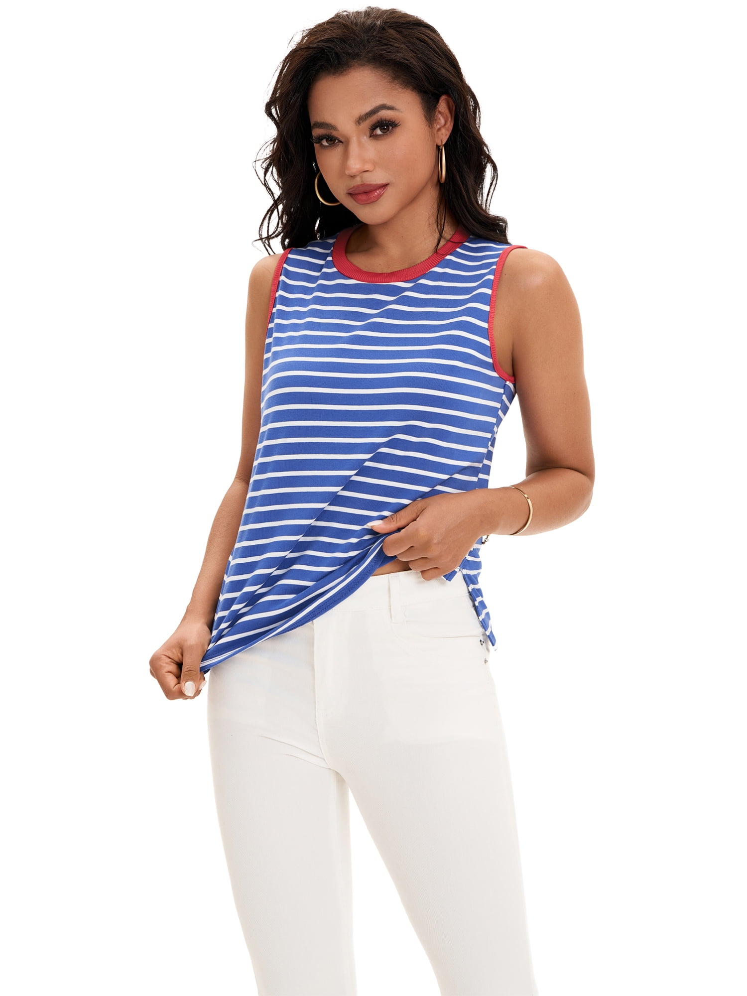 DARING DIVA Women's Striped Tank Top with Color Block XL Blue Red