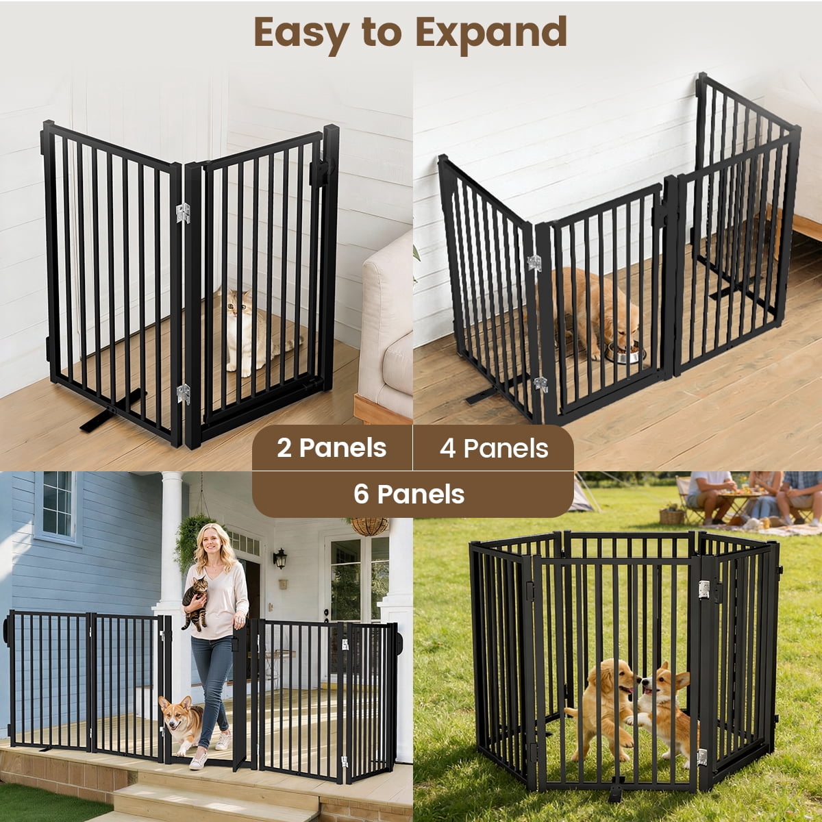 Dog Gate, Domipet 6 Panels Pet Gate Freestanding, 120''Extra Wide Dog Gate 32''Height Pet Playpen for Doorways, Black