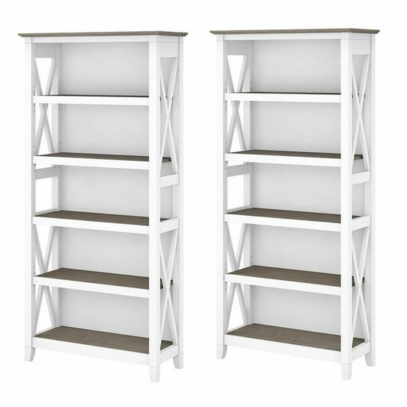 Bowery Hill 5 Shelf Modern Wood Bookcase Set in Shiplap Gray/White