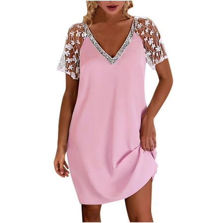 

Mrat Summer Dress Short Sleeve V-Neck Dress Women Summer Dresses Lace Sleeves Solid Color Casual Short Sleeve Knee Length Dress House Dresses for Female with Pockets
