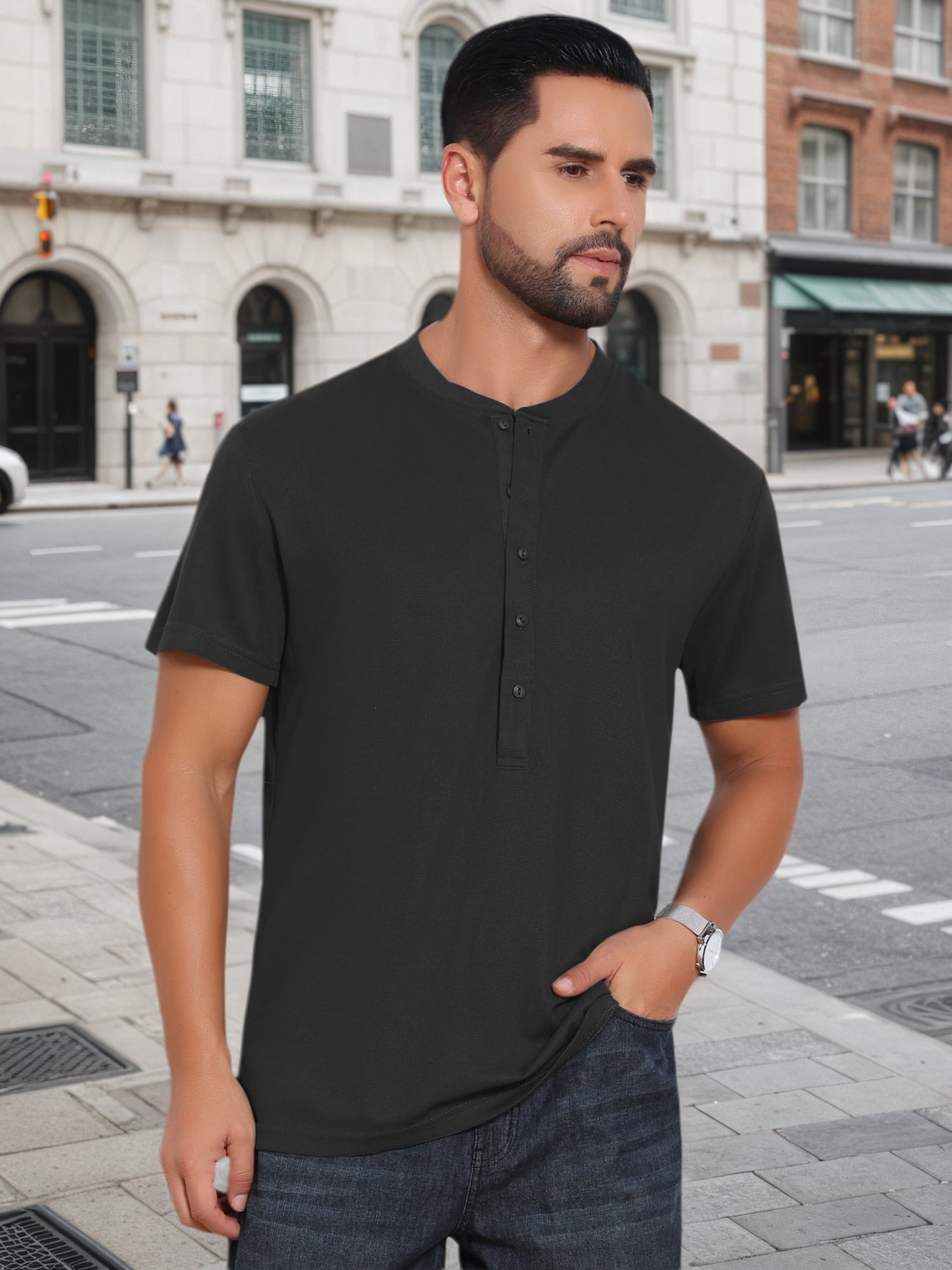 DARING DIVA Men's Henley Breathable Short Sleeve Button Down T-Shirt 2XL Black