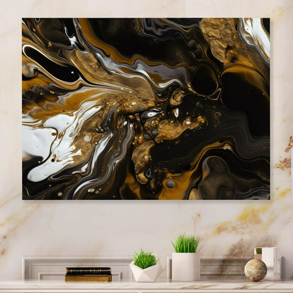 Designart "Marbled Dreamscape Gold and Black III" Modern Geometric Metal Wall Decor