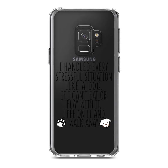 DistinctInk Clear Shockproof Hybrid Case for Samsung Galaxy S9 (5.8" Screen) - TPU Bumper Acrylic Back Tempered Glass Screen Protector - Can't Eat or Play, Pee and Walk Away - Dog Lover
