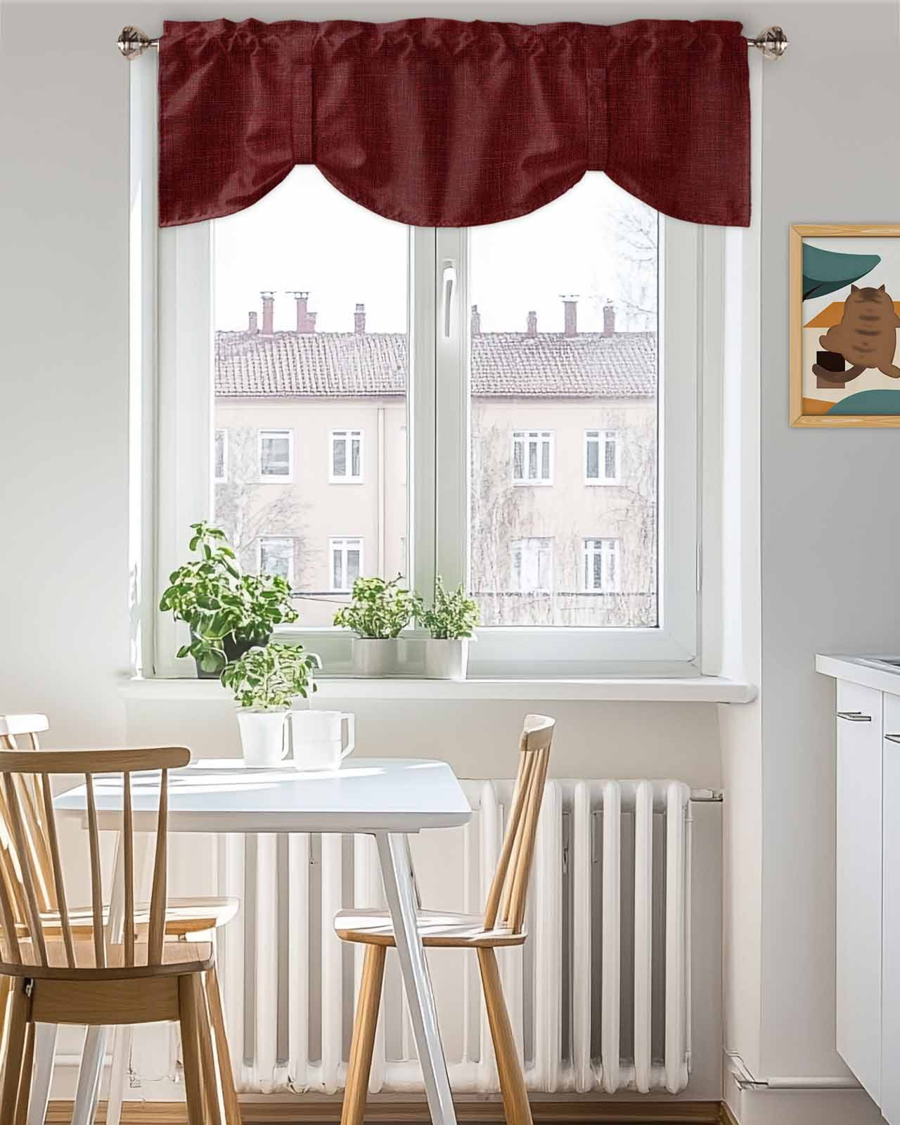 Wine Red Linen Tie Up Valances Curtain, Adjustable Kitchen Farmhouse Pure Color Country Farm Valances for Windows Decor, Rod Pocket Short Curtains Set for Bedroom/Bathroom, 54"x18"