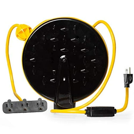 Retractable Extension Cord Reel 16/3 Gauge, 30ft Length - Yellow & Black with 3 Electrical Power Outlets - Perfect for Hanging from Your Garage Ceiling