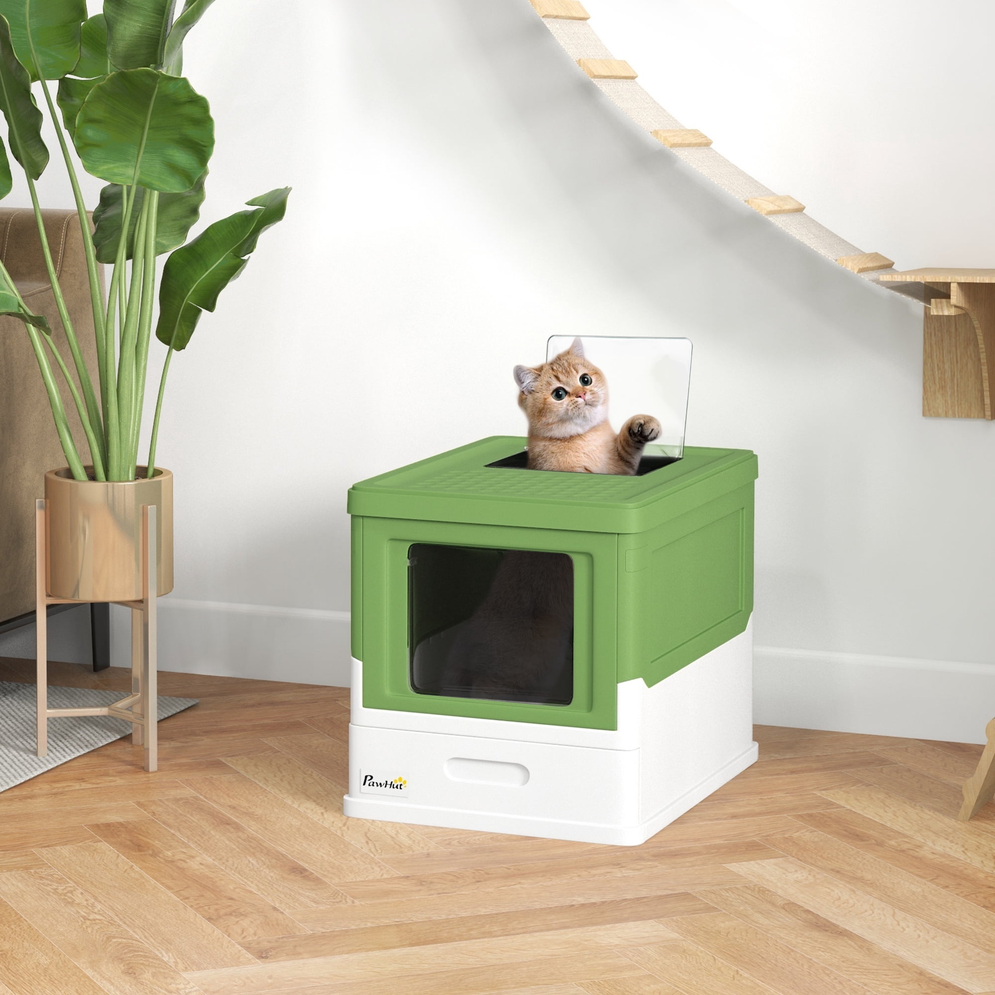 Fully Enclosed Cat Litter Box with Scoop Hooded Litter House Drawer Type Tray Foldable Smell Proof Front Entry Top Exit Large Space Pet Potty Yellowish Green