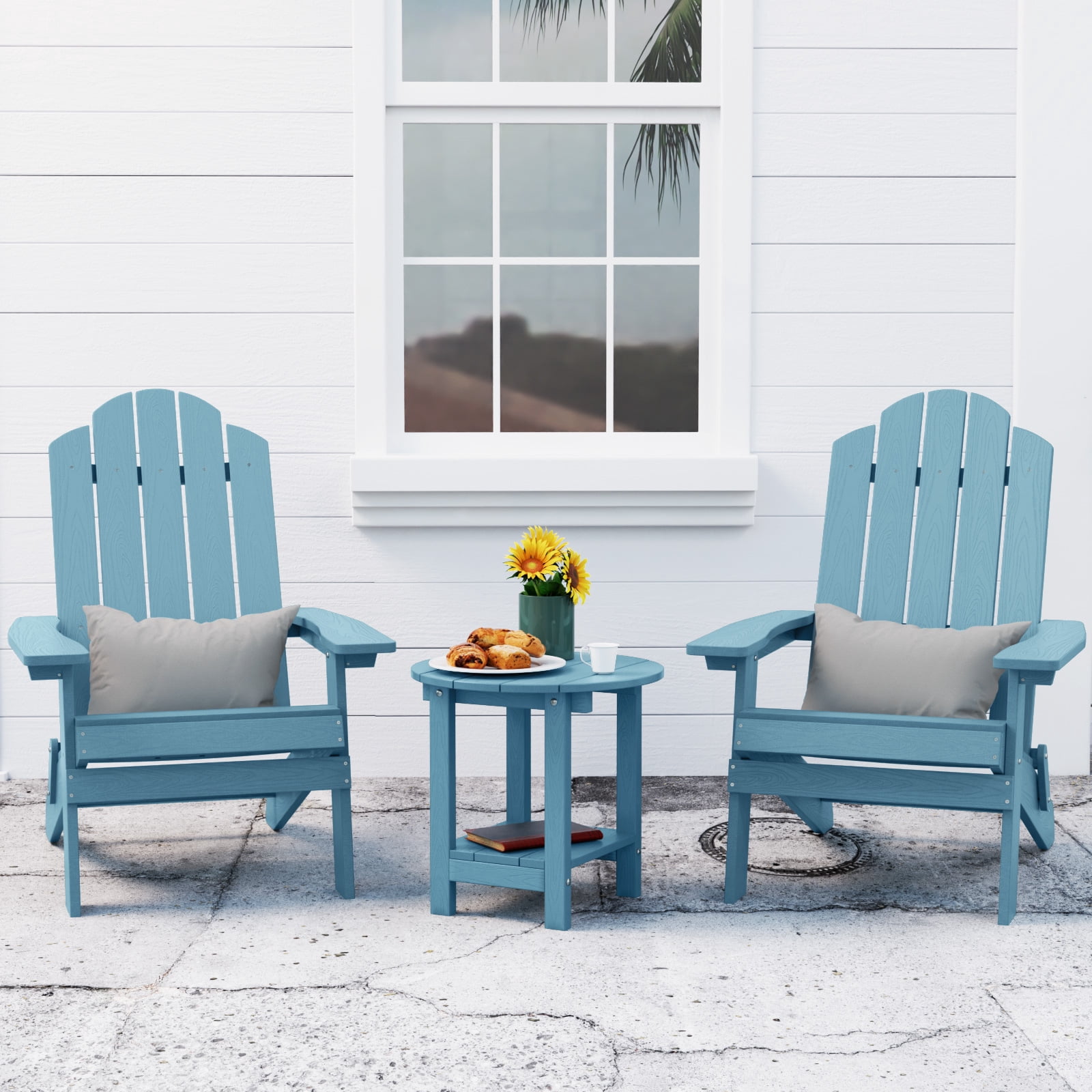 WINSOON Folding Adirondack Chair and Table Set 3 PCS Garden Outdoor Patio Chairs, Blue Finish