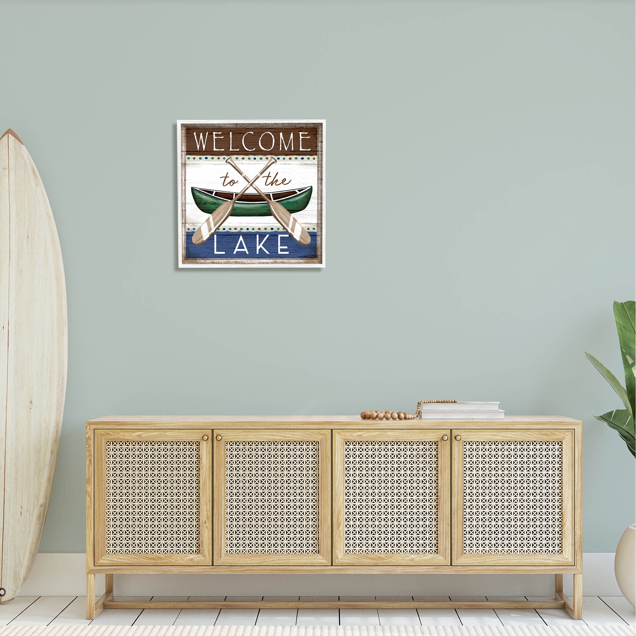 Stupell Industries Rustic Lake Welcome Canoe Sign Graphic Art White Framed Art Print Wall Art, Design by Elizabeth Tyndall