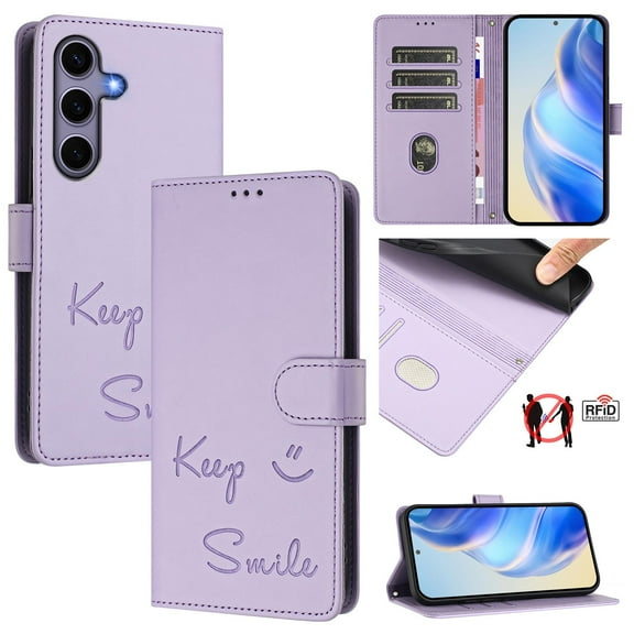 for Samsung Galaxy S25 Case Wallet with RFID Blocking Card Holder, Shoulder Strap & Wrist Strap, Smile Pattern PU Leather Magnetic Clasp Flip Purse Case for Samsung Galaxy S25, Purple