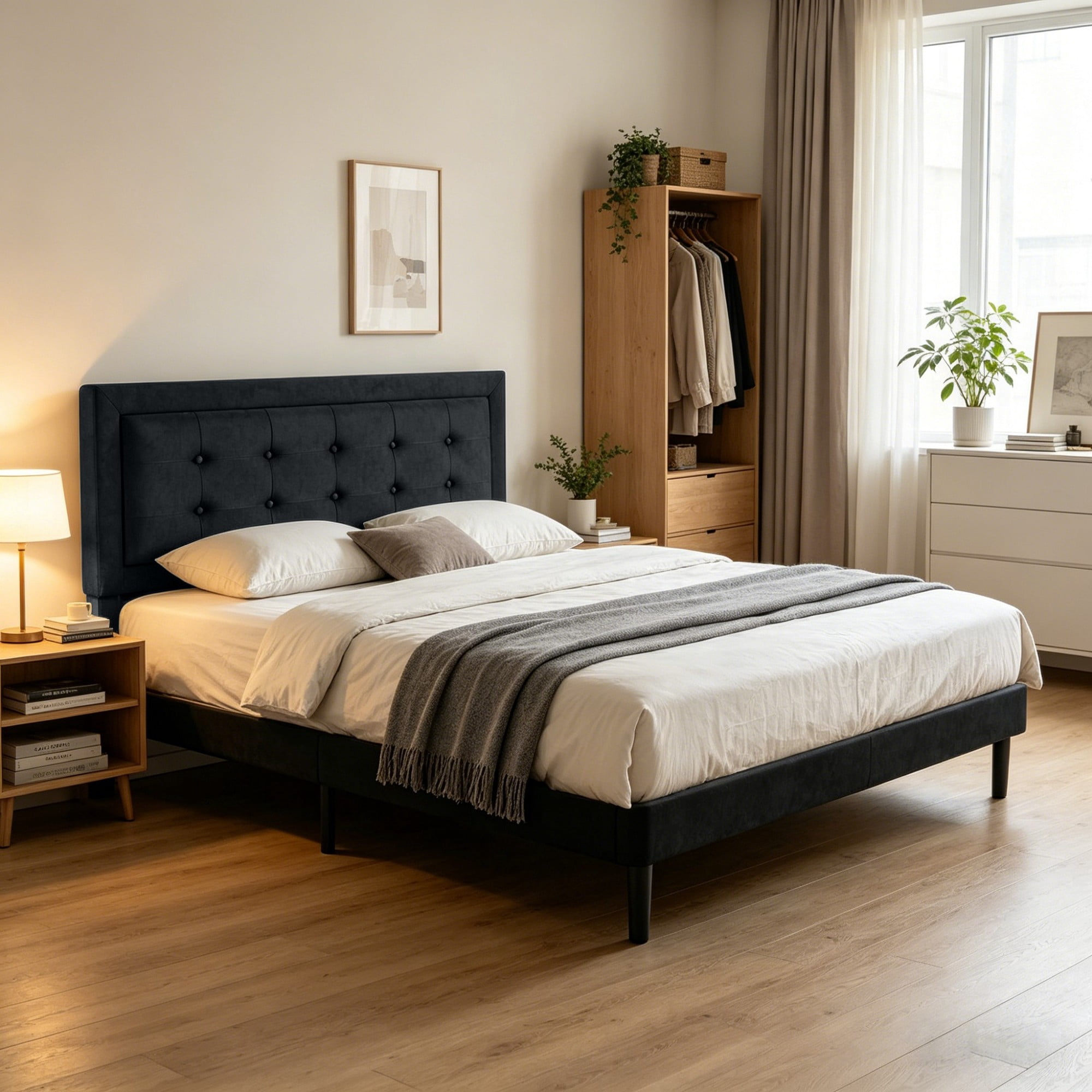 DEALTOPS Full Size Velvet Platform Bed Frame, Upholstered Tufted Headboard, No Box Spring, Black
