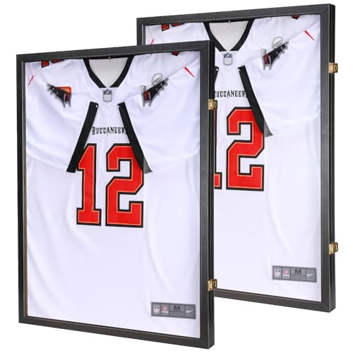Jersey Wooden Frame Display Case -Shadow Box with 98% UV Protection Acrylic and Hanger for Baseball Basketball Football Hockey Sport Shirt and Uniform (Black, 2 Packs)