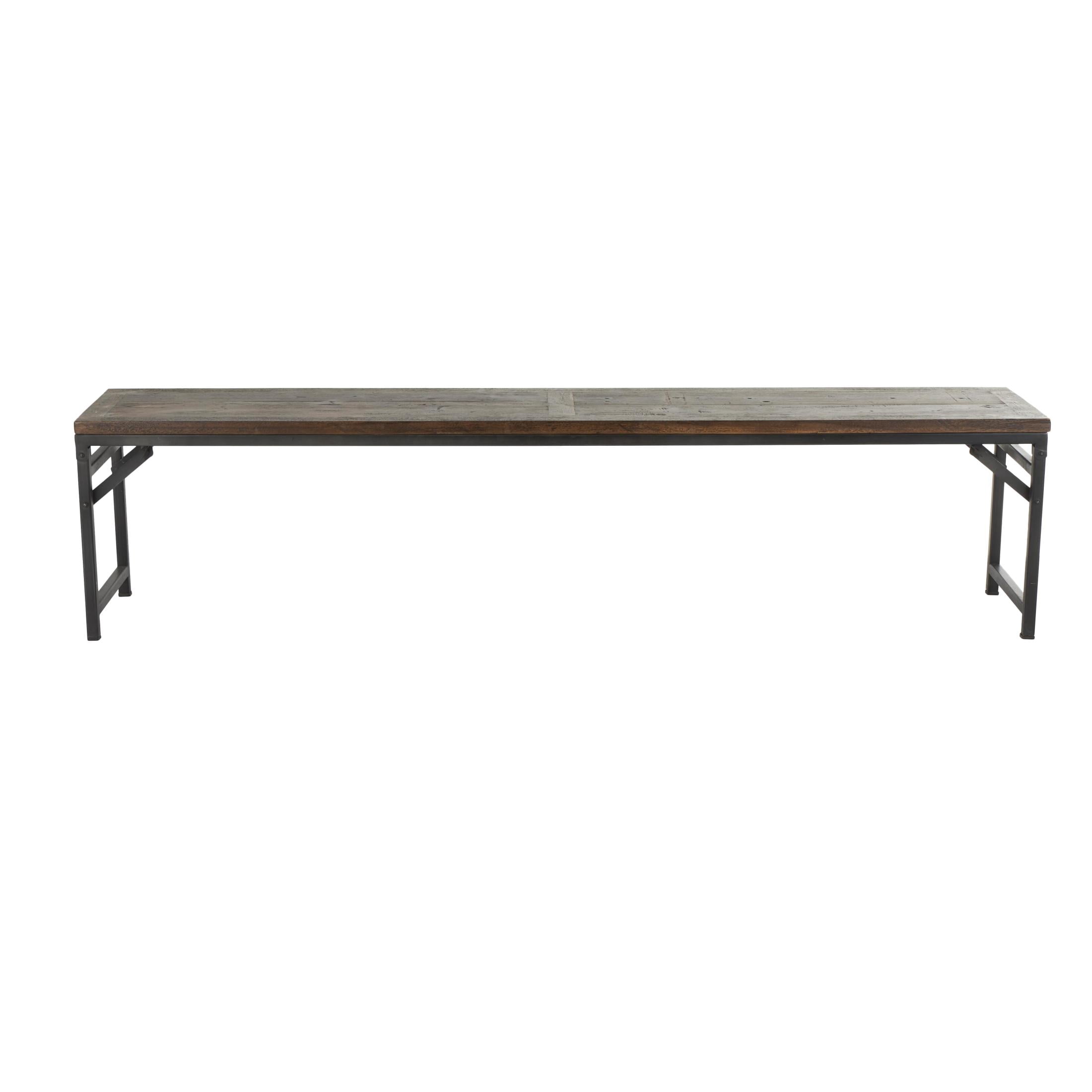 DecMode Teak Wood Long Bench with Black Metal Legs, Dark Brown