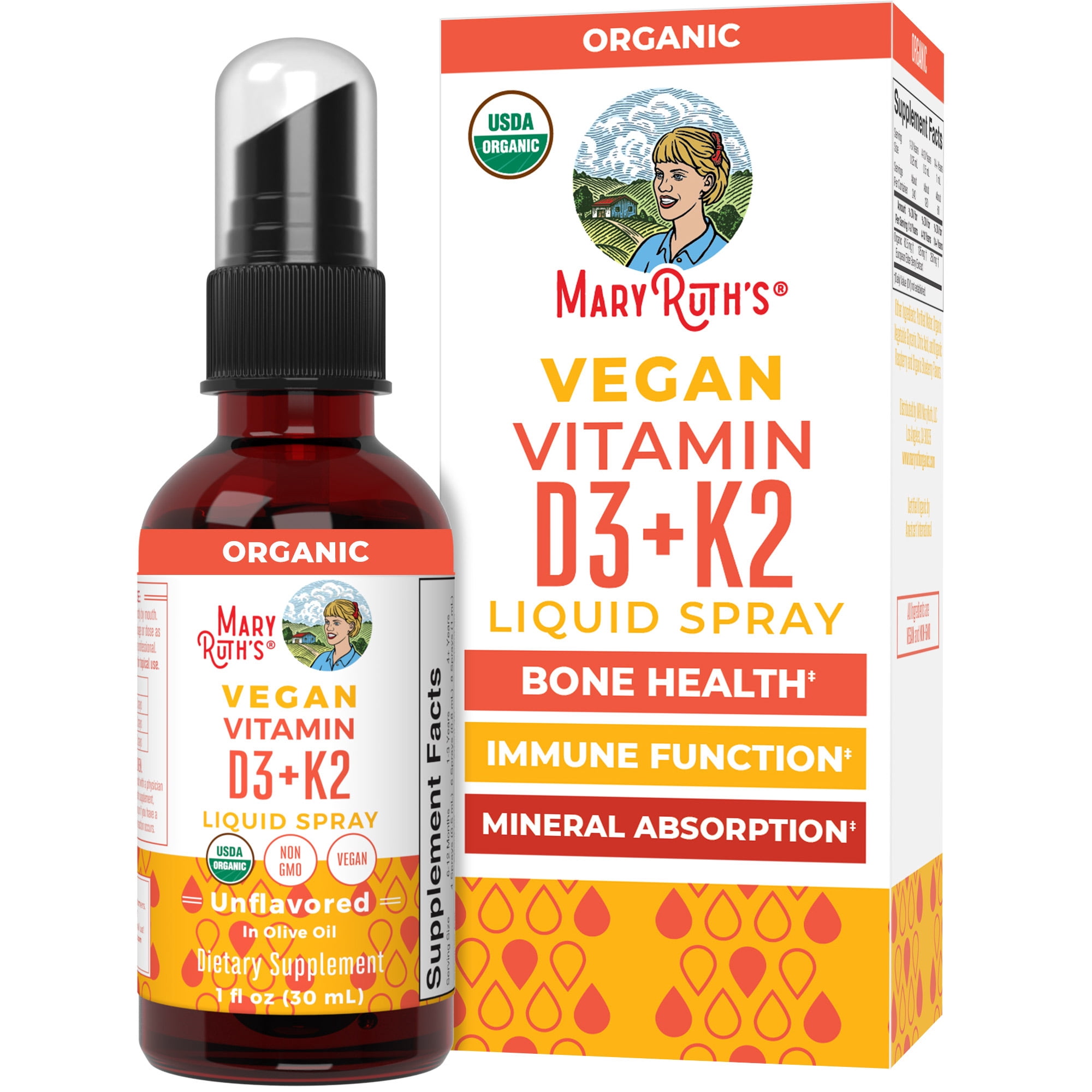 MaryRuth's Vitamin D3 + K2 Liquid Spray, Bone Support, Heart Health, USDA Organic, Sugar-Free, Gluten-Free, Vegan, 1 fl oz