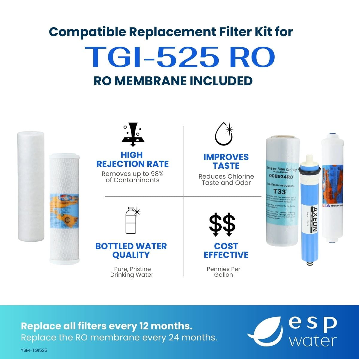 TGI-525 Filter Replacement Kit Compatible with Topway Global Reverse Osmosis System Includes 50 GPD RO Membrane