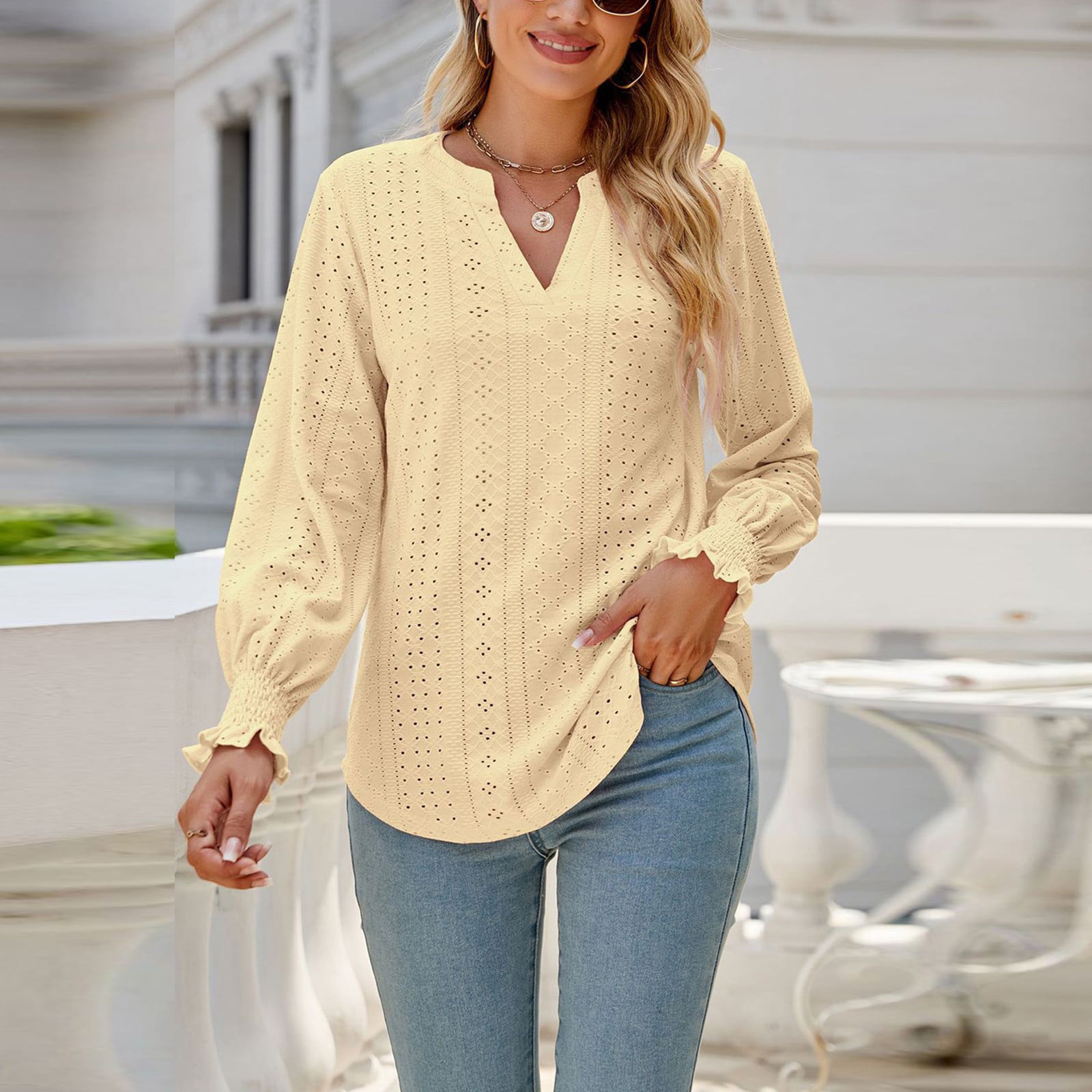 Pløje kompensation luge XINKAIRUN Womens Tops Blouse Women Long Sleeve Casual Printed Summer V-Neck  T-Shirts White m - Walmart.com