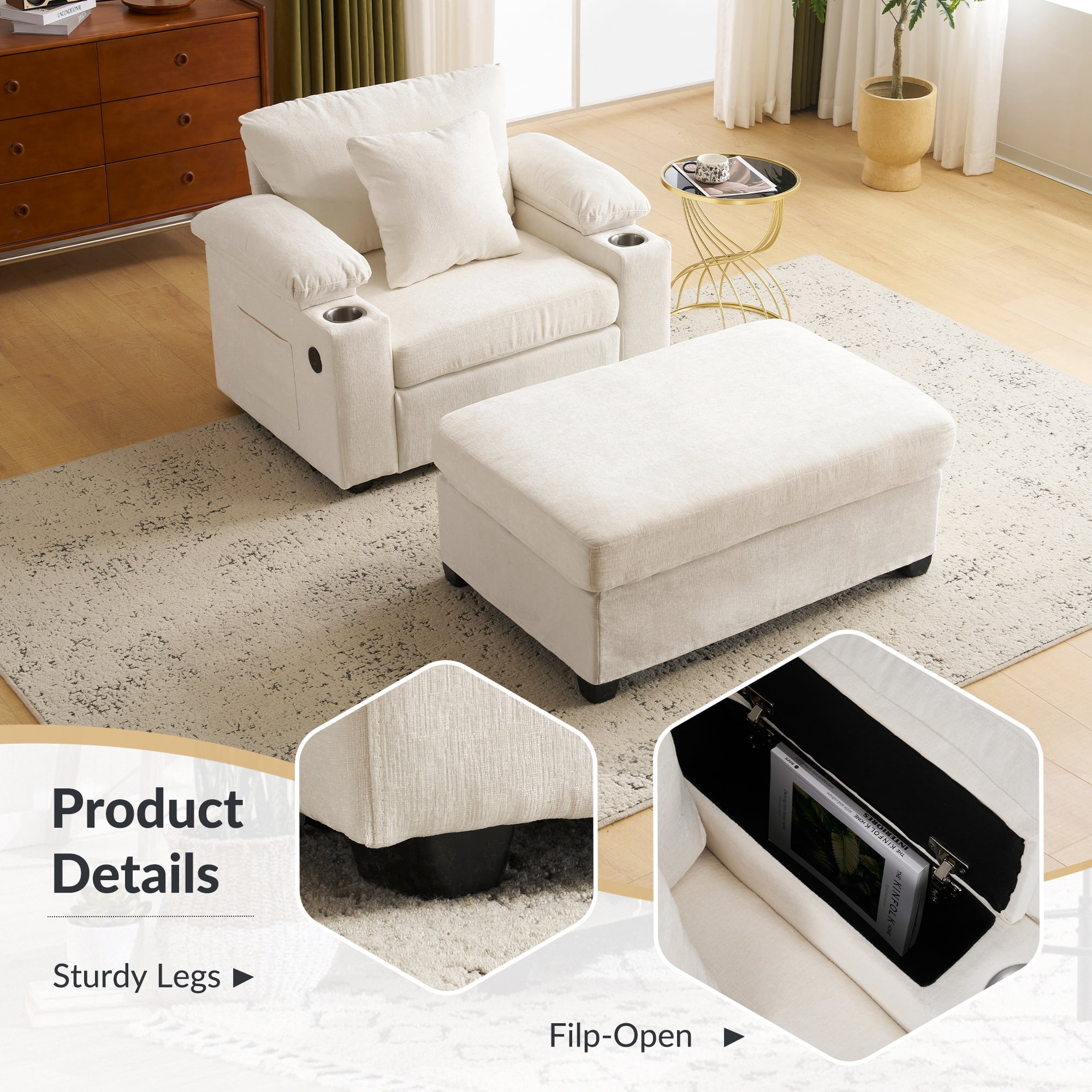 Aukfa 58" Chaise Lounge Oversized Sofa Chair with 2 Cup Holders&USB Ports, Chenille, Beige
