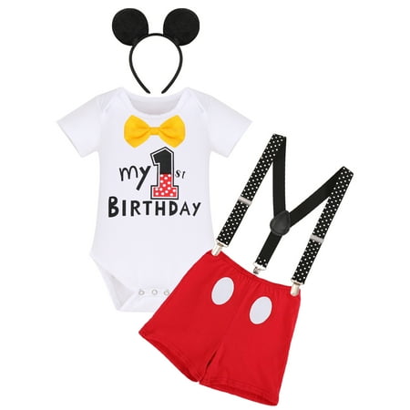 

IMEKIS Baby Boy Mouse 1st Birthday Outfit Cake Smash Toddler Bowtie Romper Suspenders Shorts Sets 1 Year Old Photoshoot Mouse Themed Birthday Party Supplies 9-12 Months White - My 1st Birthday