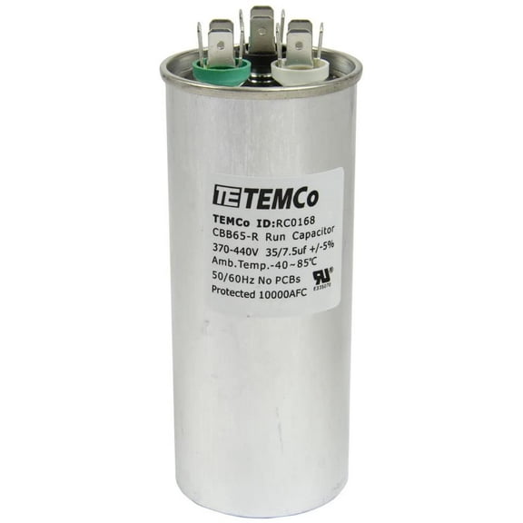 TEMCo 35 7.5 uF Dual Run Capacitor CBB65, 35/7.5 MFD, 370-440V, Round, 50/60Hz