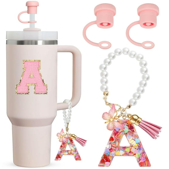 Sinekong 4pcs Letter Charm for Tumbler Cup, 1 Charm for Tumbler Handle Pearl Keychain Personalized Charm Letter A, 2 Straw Topper, 1 Letter Stickers