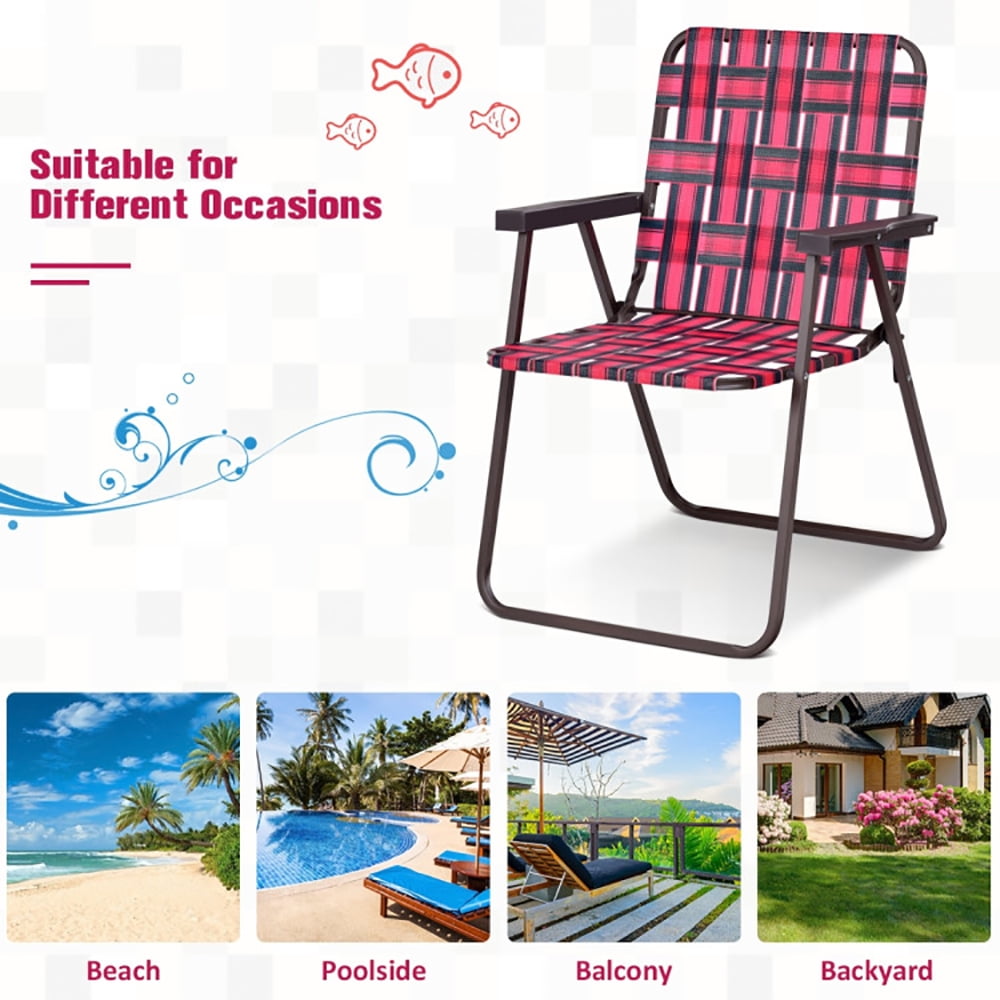 Resenkos 6 Pieces Folding Beach Chair Camping Lawn Webbing Chair-Red, Patio Lawn Webbed Folding Chairs, Outdoor Beach Portable Camping Chair for Yard, Garden Dining